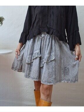 WHIMSIGOTH Fairycore Gray Crinkle Rayon Ruffle Mini Skirt Vintage Boho